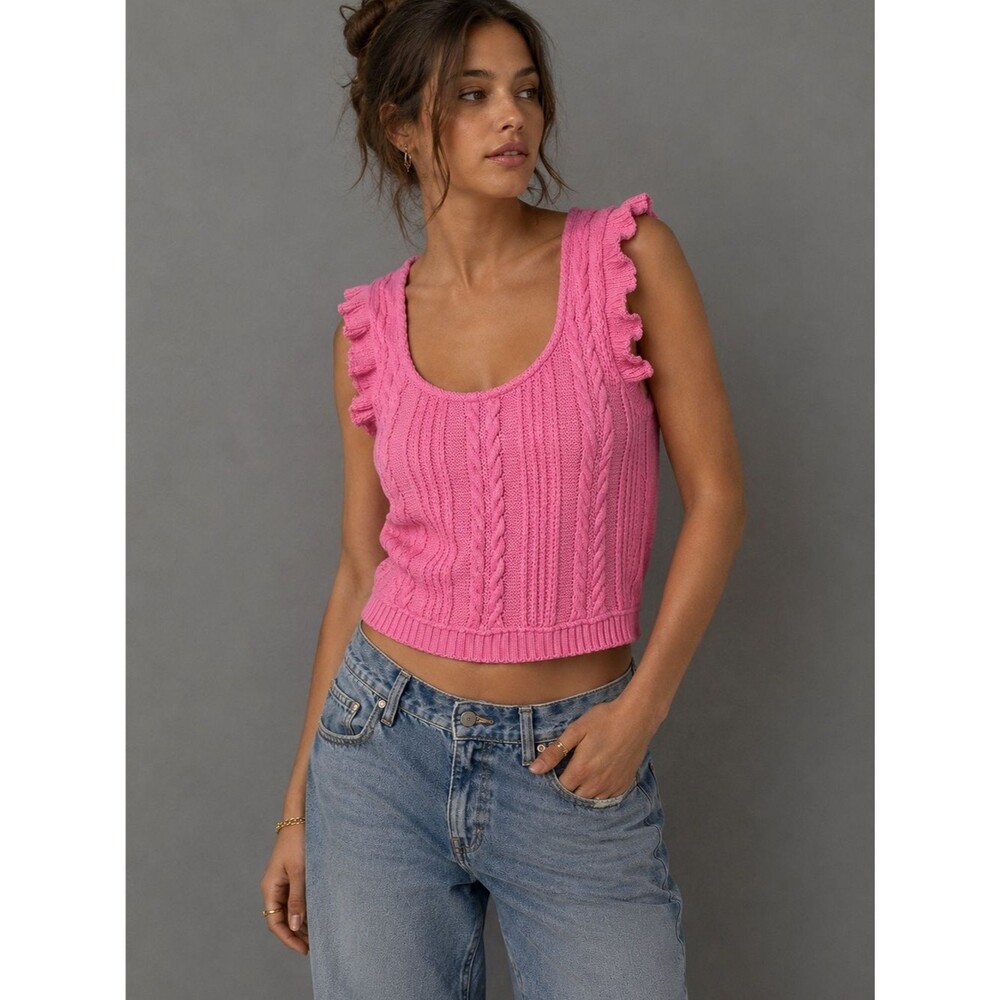 Zara Pink Cable Knit Ruffle Sleeve Sweater Tank Top Size Large